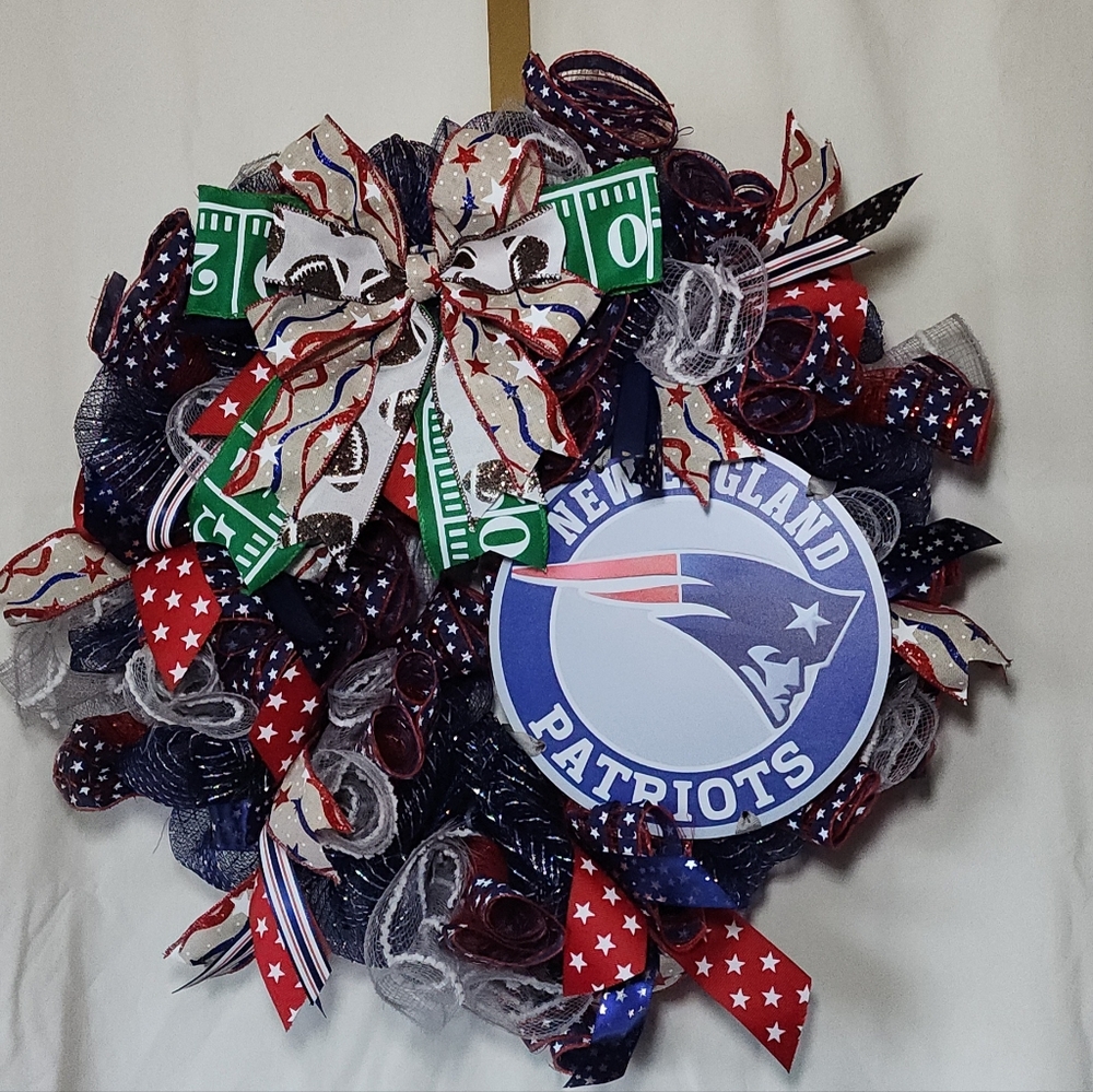 New England Patriots NFL Football Wreath - Red, Blue, White